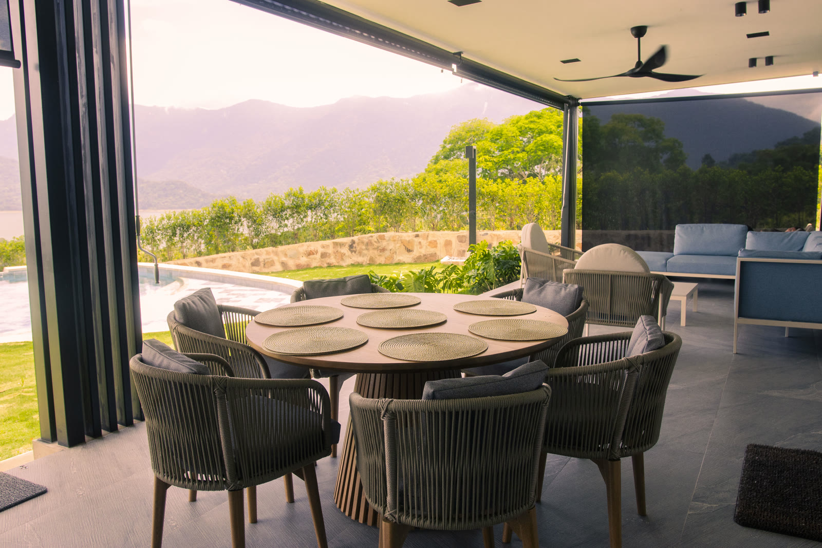 Dining terrace of the Altos de Yariguíes model home overlooking the Topocoro Reservoir